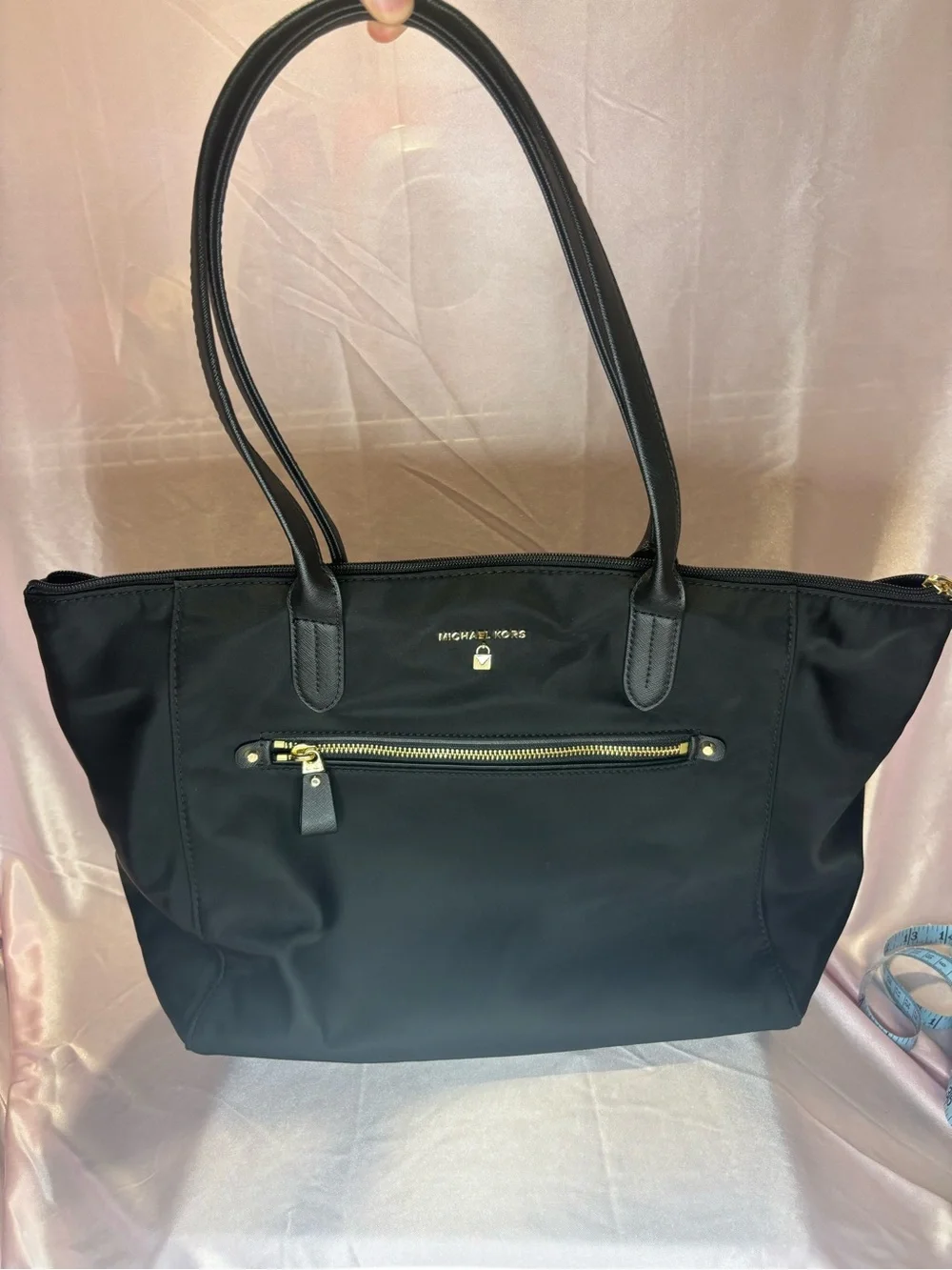 Michael Kors Black Nylon Tote with Front Zip and Gold Hardware